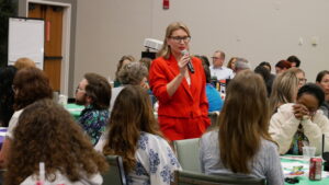 Megan Galloway speaking to Rainbows staff